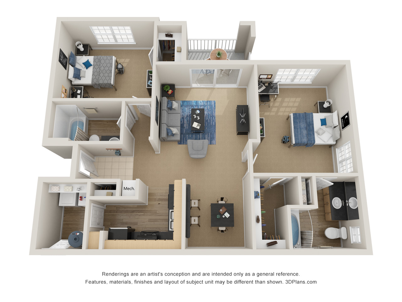 Floor plan for 2 beds, 2 baths, 1143 sqft